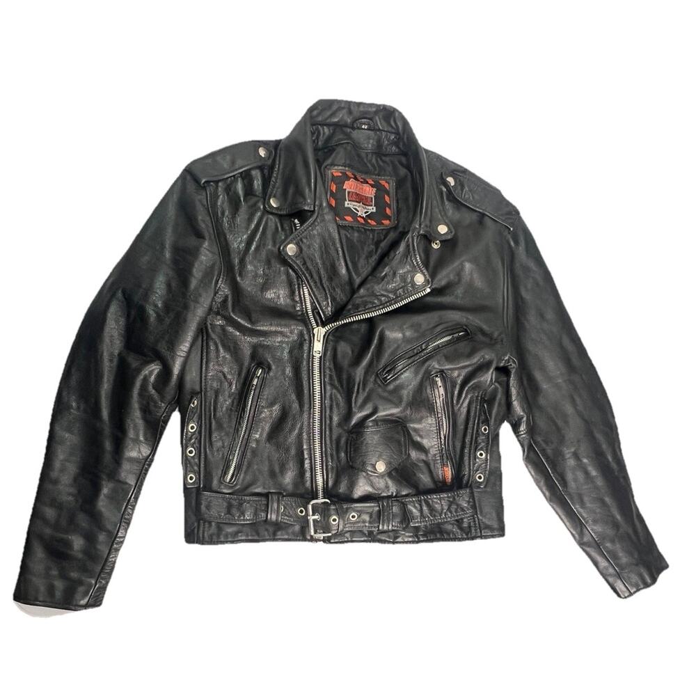 Interstate Black Leather Motorcycle Jacket Buckle Moto Size 42